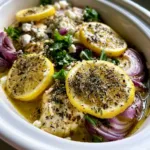 Close up photo of juicy chicken breasts in a slow cooker with glistening lemon-garlic broth and oregano. (Slow Cooker Greek Chicken)