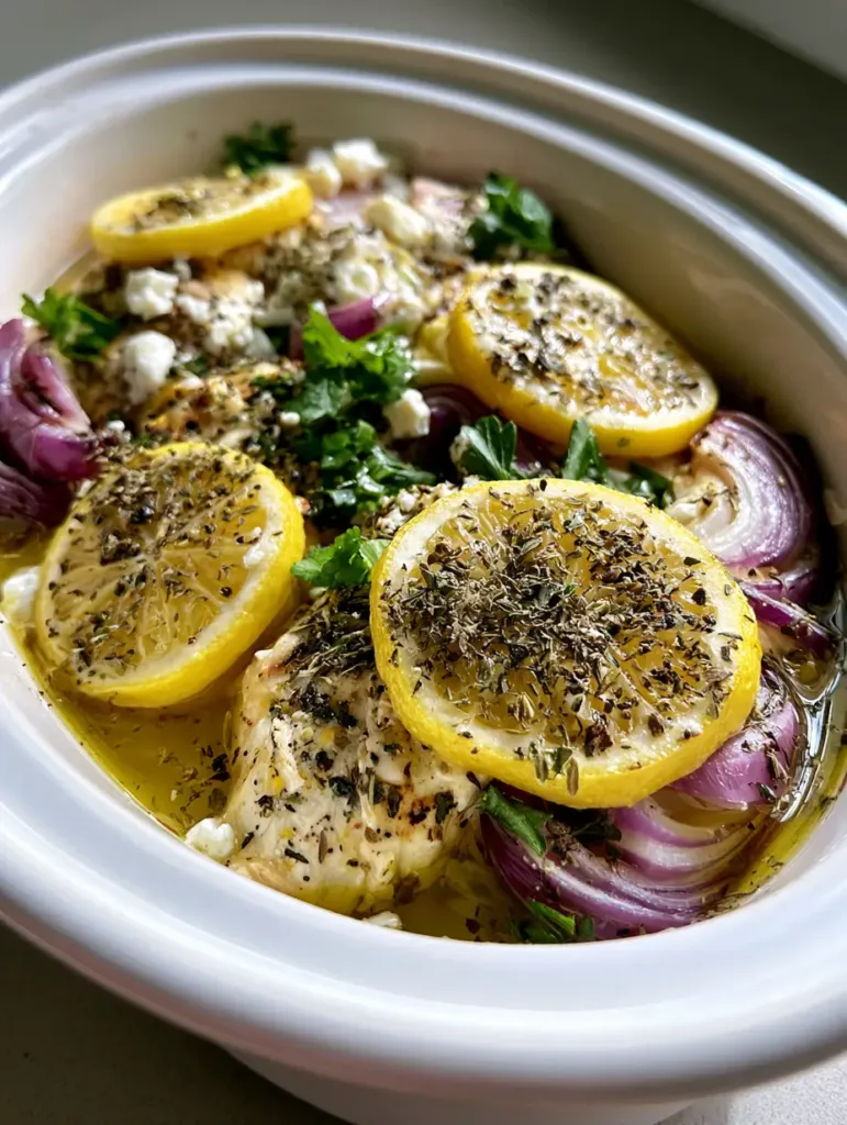 Close up photo of juicy chicken breasts in a slow cooker with glistening lemon-garlic broth and oregano. (Slow Cooker Greek Chicken)