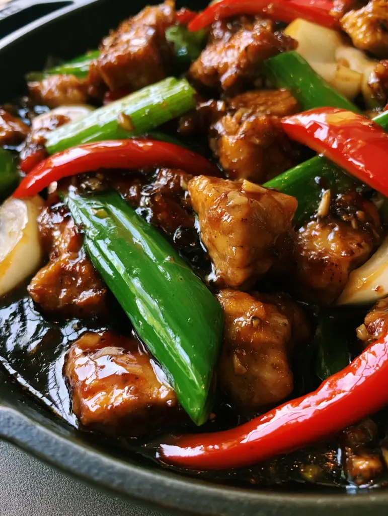Close-up of tender chicken breast pieces coated in a dark, reflective garlic sauce with bright red bell peppers. (Chicken in Garlic Sauce)