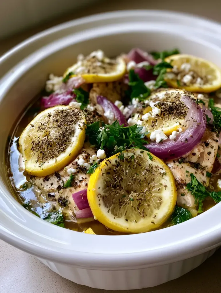 Authentic smartphone photo of Slow Cooker Greek Chicken featuring softened red onion wedges and bright yellow lemon rounds.