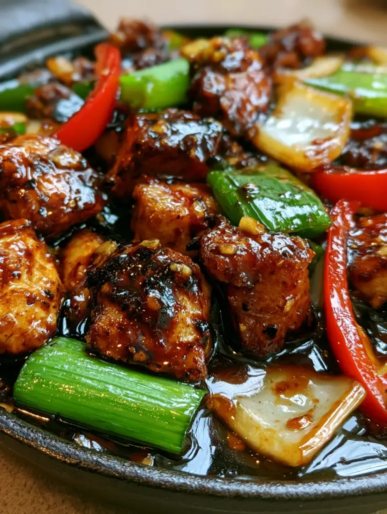 Smartphone photo of Chicken in Garlic Sauce in a cast iron skillet showing thick scallion pieces and onion wedges.