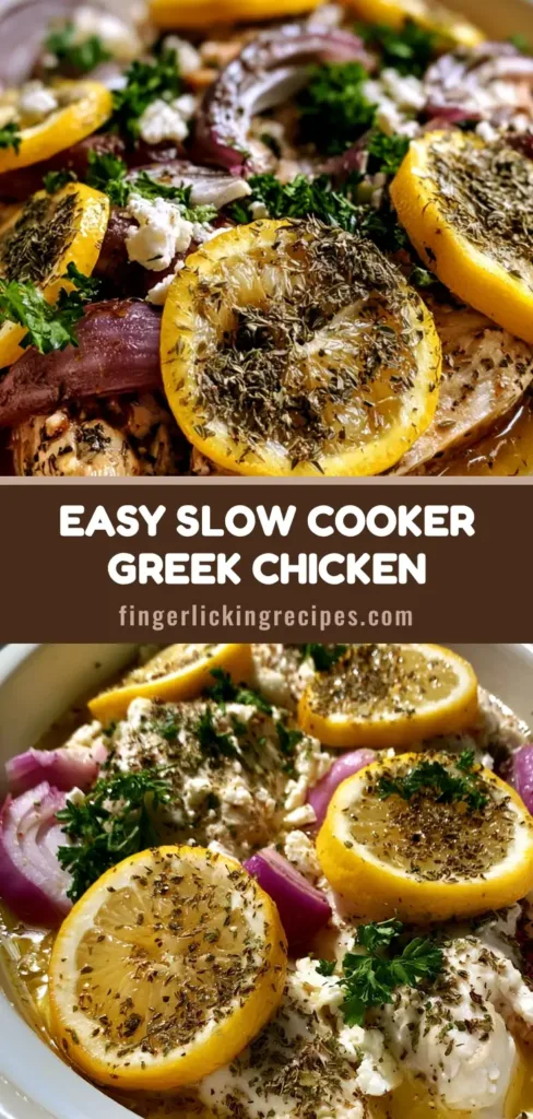 A top-down view of Slow Cooker Greek Chicken in a white ceramic pot with lemon slices, red onions, and feta crumbles.