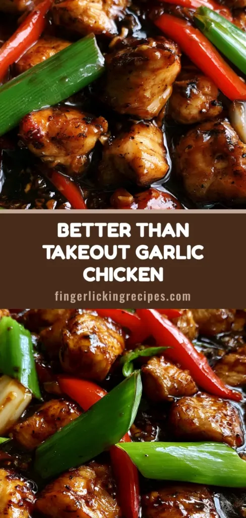 A close-up of Chinese Chicken in Garlic Sauce in a dark cast iron skillet, featuring seared chicken, red peppers, and green scallions in a glossy brown glaze.