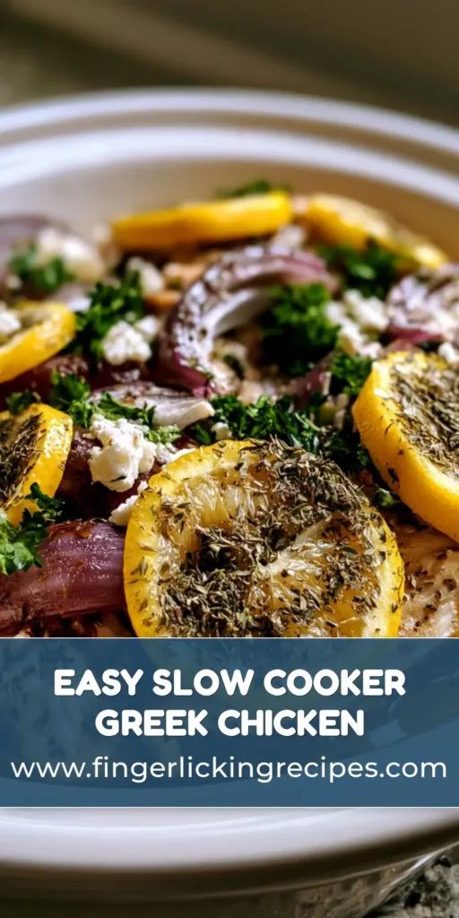 A top-down view of Slow Cooker Greek Chicken in a white ceramic pot with lemon slices, red onions, and feta crumbles.