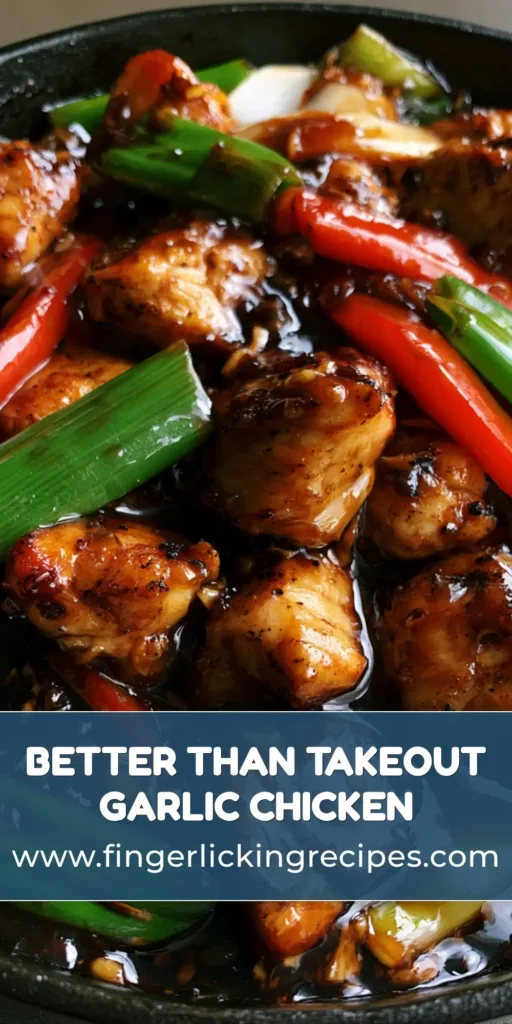 A close-up of Chinese Chicken in Garlic Sauce in a dark cast iron skillet, featuring seared chicken, red peppers, and green scallions in a glossy brown glaze.