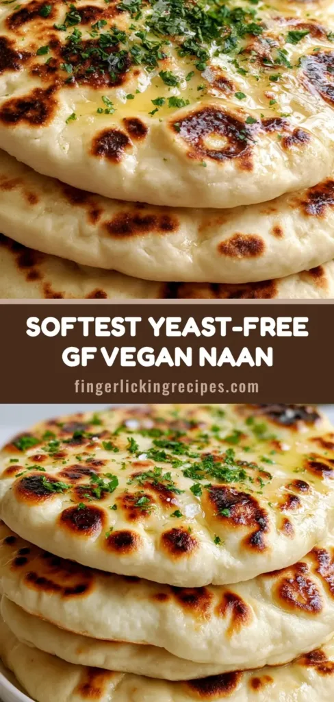A stack of three Gluten-Free Vegan Naan flatbreads with golden bubbles and fresh parsley on a white plate.