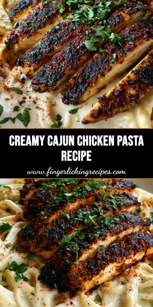 A close-up shot of Cajun Chicken Fettuccine Alfredo in a white bowl, featuring sliced blackened chicken and creamy ivory sauce on a grey stone surface.