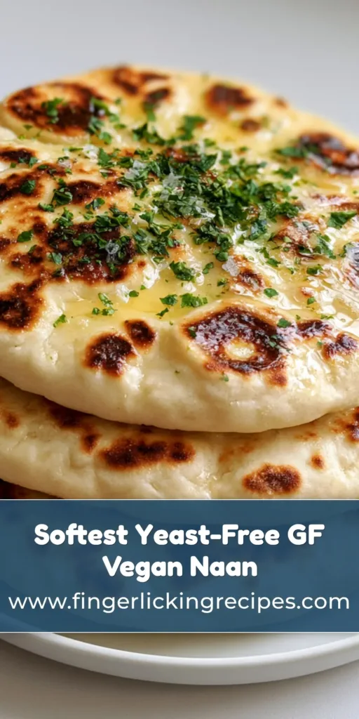A stack of three Gluten-Free Vegan Naan flatbreads with golden bubbles and fresh parsley on a white plate.