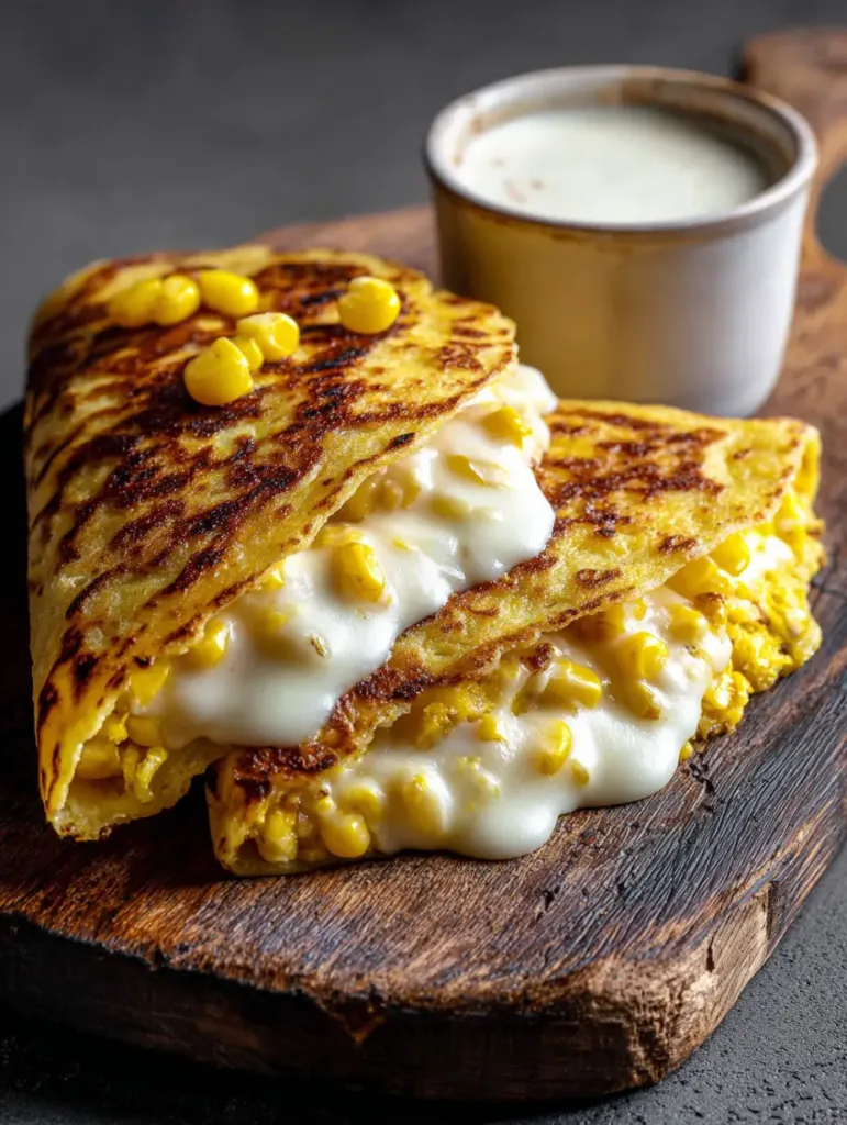 Close up of folded Venezuelan Sweet Corn Cachapas revealing stretchy white mozzarella cheese and charred spots.