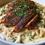 Cajun Chicken Fettuccine Alfredo with Blackened Seared Chicken Slightly angled view of Cajun Chicken Fettuccine Alfredo with thick ivory sauce and diagonal slices of spice-crusted chicken.