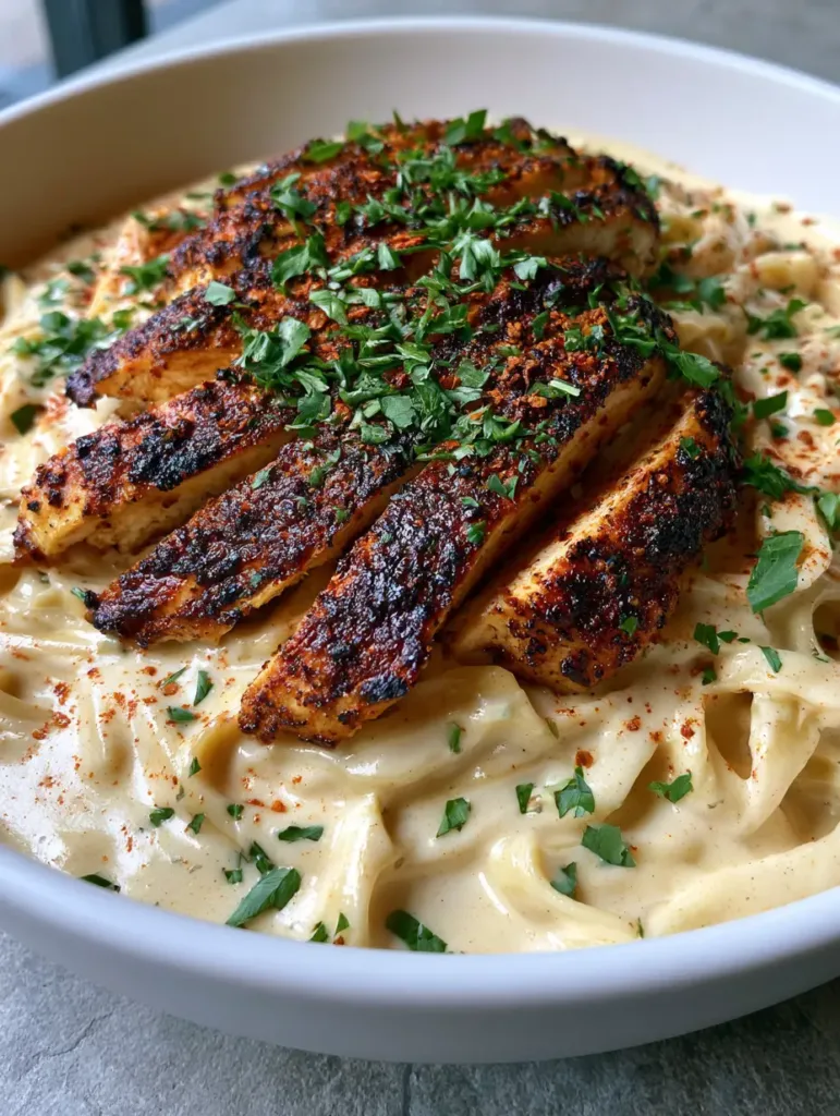 Slightly angled view of Cajun Chicken Fettuccine Alfredo with thick ivory sauce and diagonal slices of spice-crusted chicken.