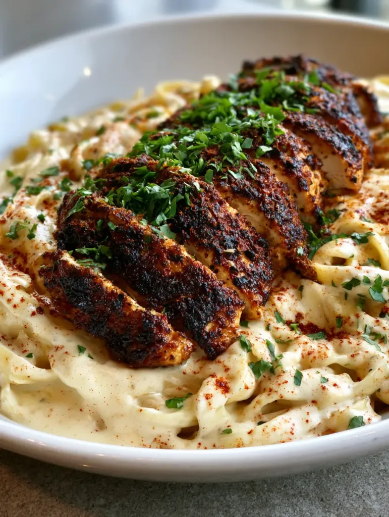 Cajun Chicken Fettuccine Alfredo served in a white bowl with fresh parsley and cayenne pepper garnish.