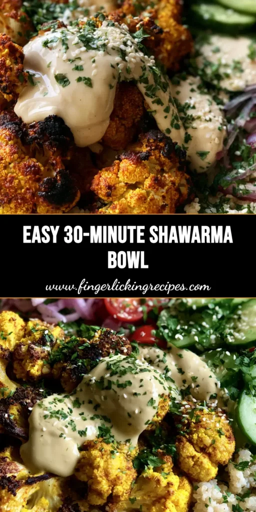 A top-down view of a Cauliflower Shawarma Bowl featuring roasted yellow cauliflower with charred edges, white quinoa, cucumber, and cherry tomatoes.