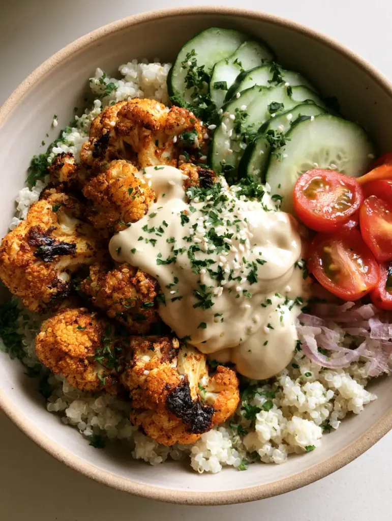A smartphone photo of a round ceramic bowl containing charred cauliflower shawarma, quinoa, and fresh vegetables drizzled with tahini sauce.