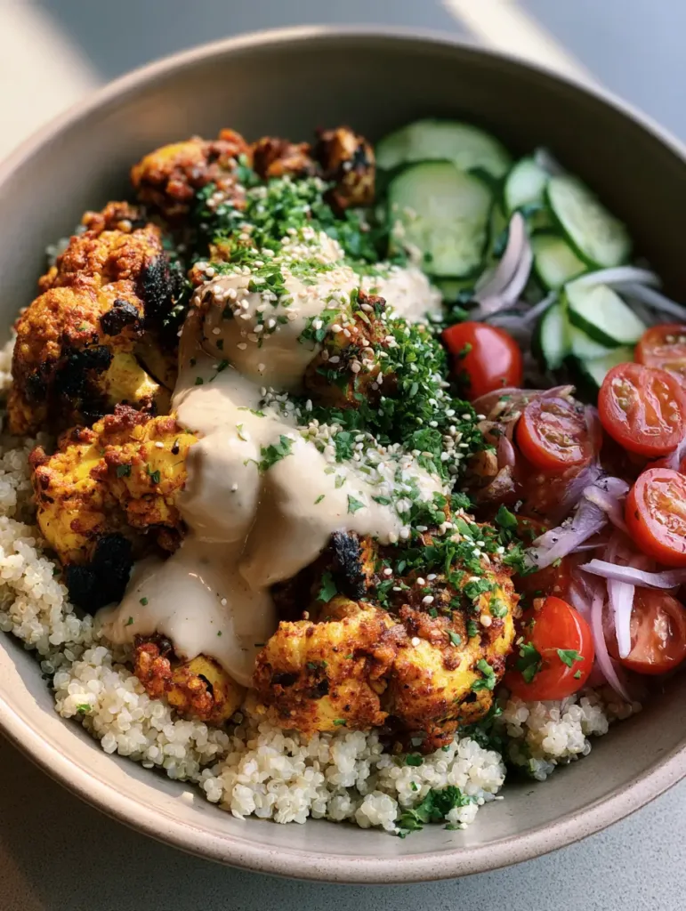 Detailed shot of a Mediterranean bowl with sliced cucumber, red onion, and tahini sauce over spiced cauliflower.