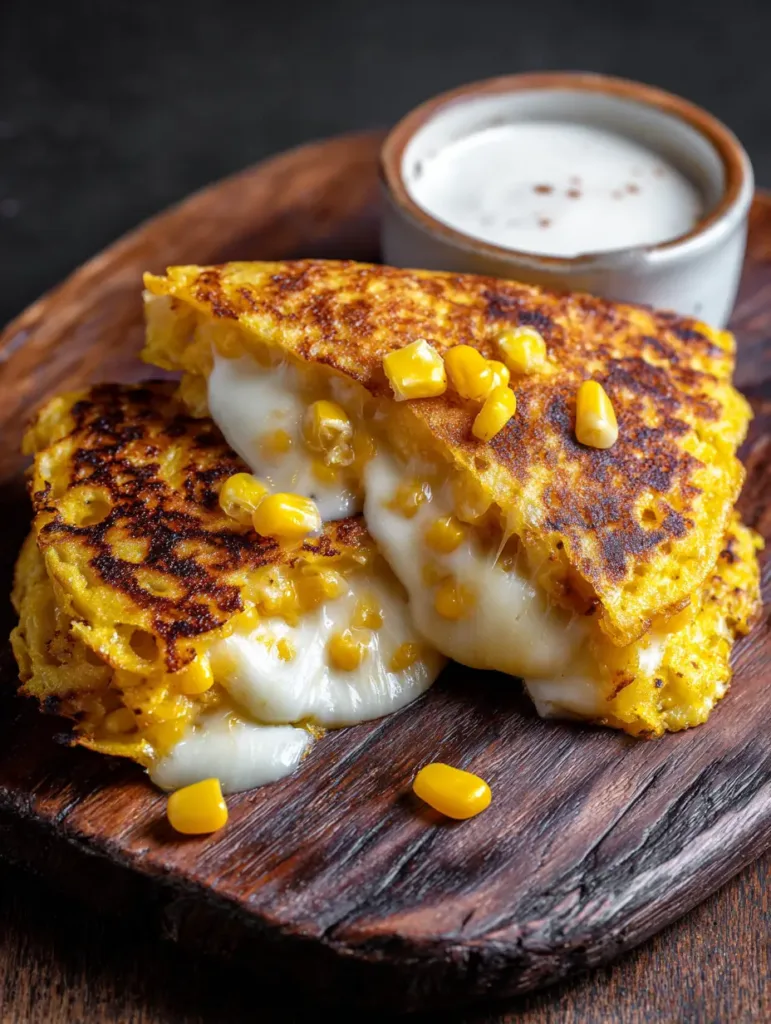 Two golden-yellow Venezuelan Sweet Corn Cachapas served on a rustic board with a ramekin of thick white cream.