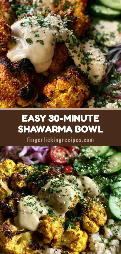 A top-down view of a Cauliflower Shawarma Bowl featuring roasted yellow cauliflower with charred edges, white quinoa, cucumber, and cherry tomatoes.