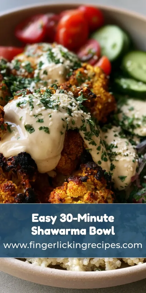 A top-down view of a Cauliflower Shawarma Bowl featuring roasted yellow cauliflower with charred edges, white quinoa, cucumber, and cherry tomatoes.