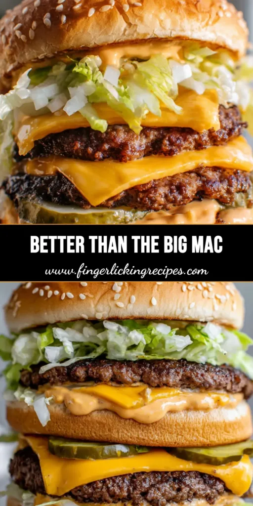 A towering double-decker burger with melting cheese, shredded lettuce, and special sauce. (Homemade Big Mac Recipe)
