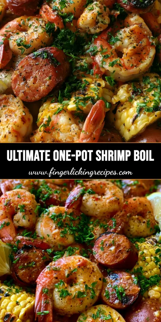 A close-up vertical view of a classic Easy Shrimp Boil Recipe on a platter with glossy orange butter sauce, jumbo shrimp, and charred sausage.