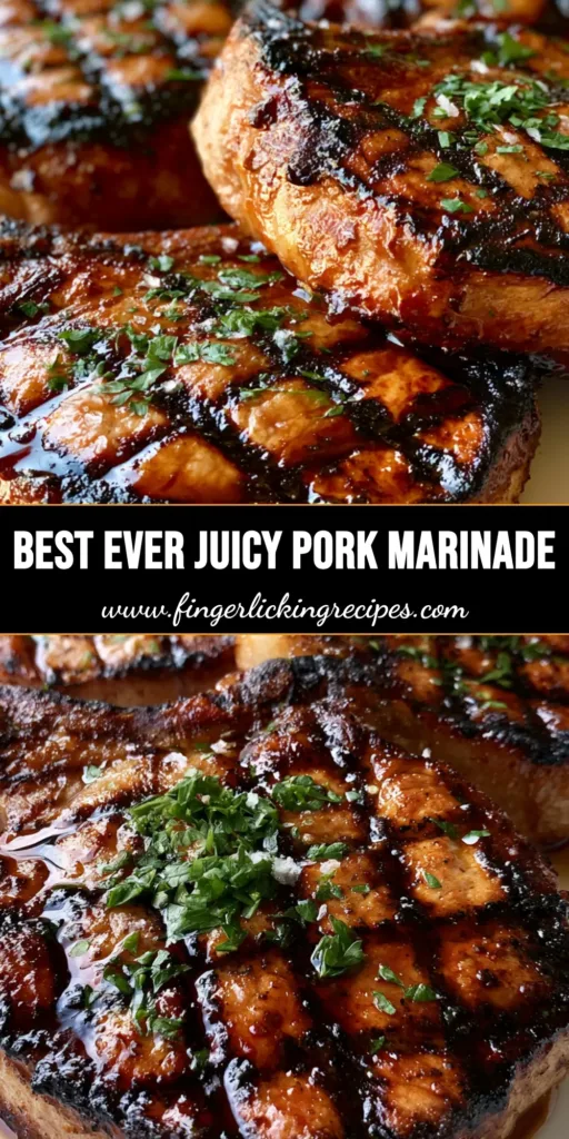 Three thick-cut grilled pork chops with mahogany glaze and cross-hatch grill marks on a white plate. (Grilled Pork Chop Marinade)