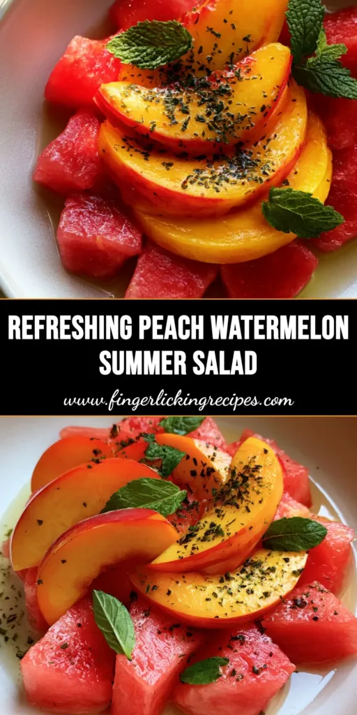 A shallow white ceramic bowl with Peach Watermelon Salad featuring red watermelon cubes, sliced peaches, and mint on a stone surface. (Peach Watermelon Salad)