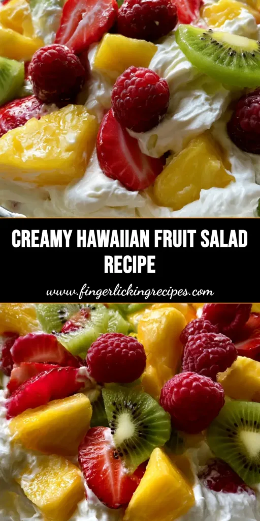 A large clear glass bowl filled with Hawaiian Cheesecake Salad featuring aerated whipped cream, sliced strawberries, kiwi rounds, and pineapple chunks.