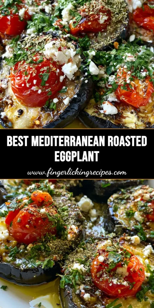 A handheld smartphone photo of thick roasted Mediterranean Roasted Eggplant rounds on a white plate, topped with blistered tomatoes, feta cheese, and fresh parsley in a pool of olive oil.