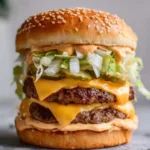 Homemade Big Mac Recipe: The Ultimate Double-Decker Copycat Detailed shot of a Homemade Big Mac Recipe showing the layered beef patties, orange sauce, and sesame buns.