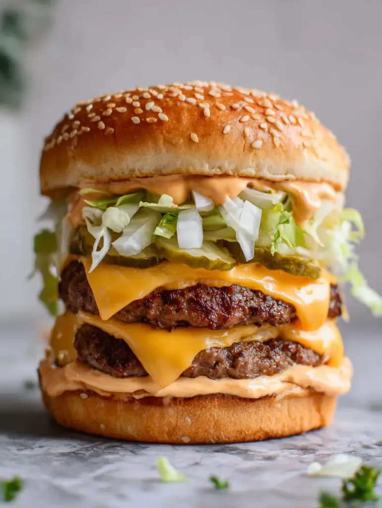 Detailed shot of a Homemade Big Mac Recipe showing the layered beef patties, orange sauce, and sesame buns.