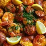 Easy Shrimp Boil Recipe: The Ultimate One-Pot Cajun Feast Smartphone photo of an Easy Shrimp Boil Recipe featuring pink shrimp, charred sausage, and golden corn on a gray background.