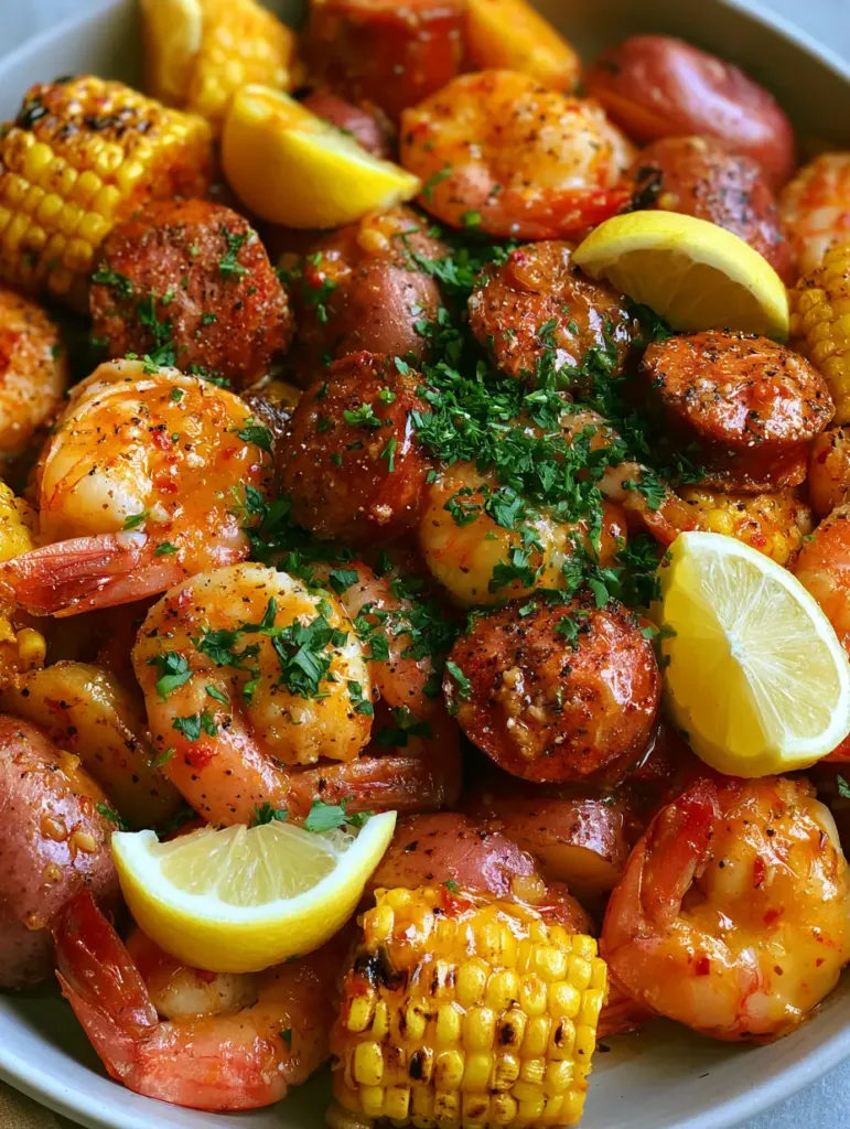 Smartphone photo of an Easy Shrimp Boil Recipe featuring pink shrimp, charred sausage, and golden corn on a gray background.