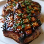 Close-up of seared pork chops showing moist interior and charred exterior. (Grilled Pork Chop Marinade)