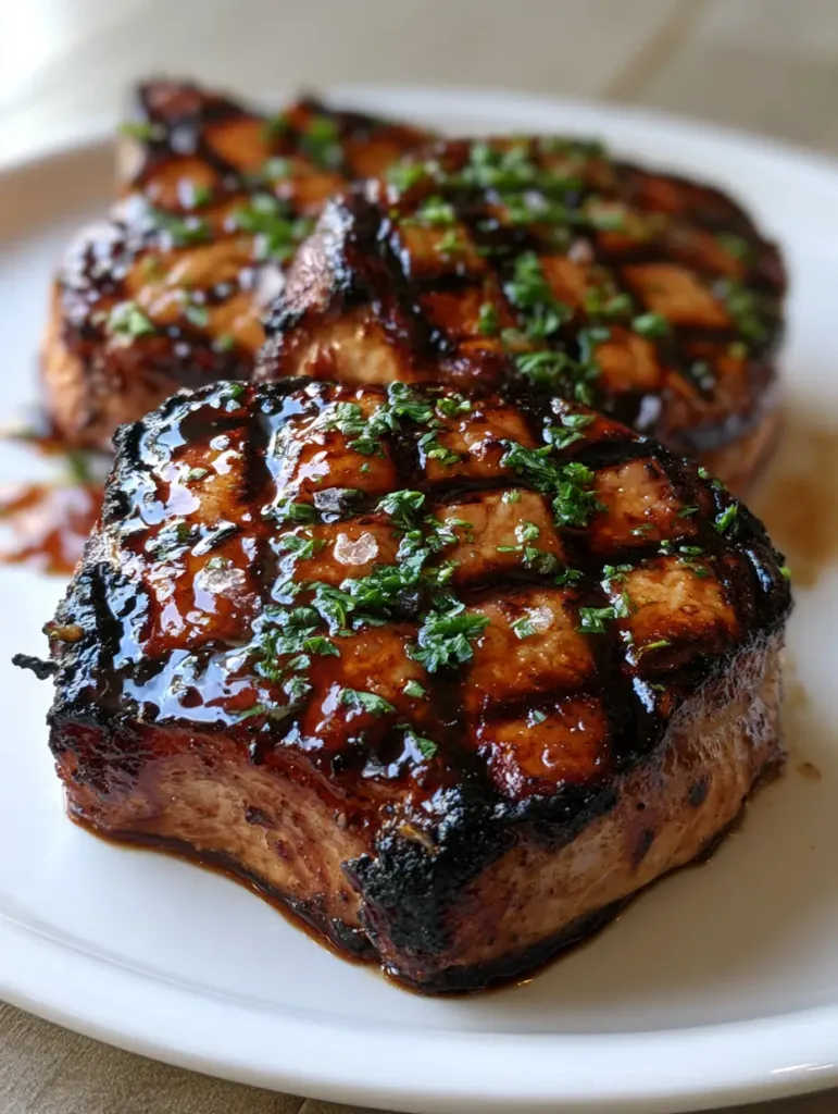 Close-up of seared pork chops showing moist interior and charred exterior. (Grilled Pork Chop Marinade)