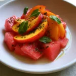 Top down view of a white bowl filled with moist watermelon cubes and thick peach slices under natural light. (Peach Watermelon Salad)