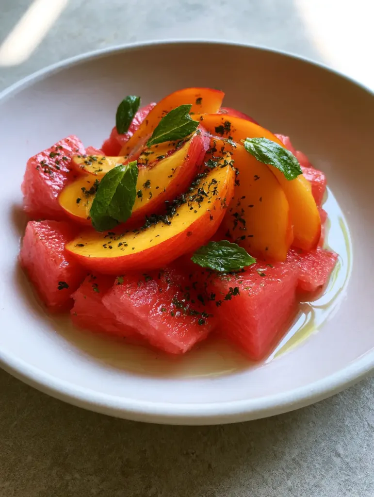 Top down view of a white bowl filled with moist watermelon cubes and thick peach slices under natural light. (Peach Watermelon Salad)