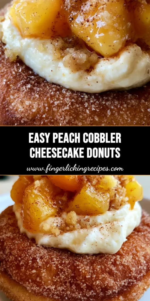 A handheld smartphone photo of a single Peach Cobbler Cheesecake Donut with ivory filling and syrupy peaches on a white plate.