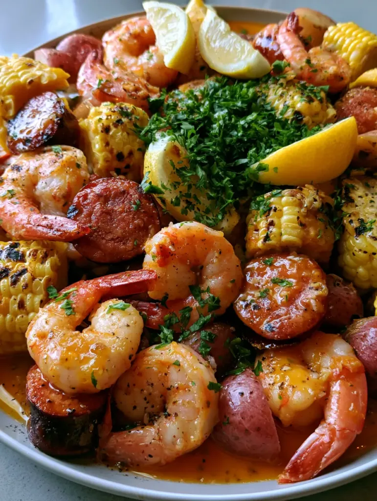 Detailed shot of glossy garlic butter sauce with Old Bay seasoning over jumbo shrimp and corn in an Easy Shrimp Boil Recipe.