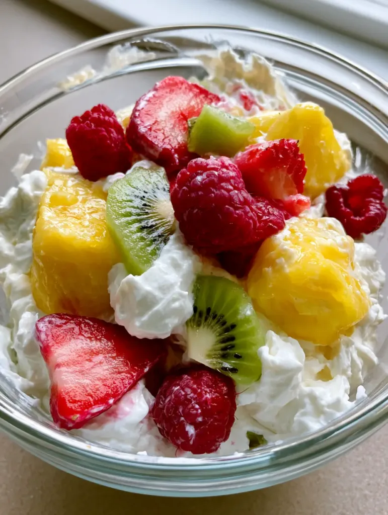 High-angle smartphone photo of Hawaiian Cheesecake Salad in a clear glass bowl on a light-toned countertop.