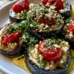Close-up of seared eggplant rounds with blistered tomato halves and white feta crumbles. (Mediterranean Roasted Eggplant)