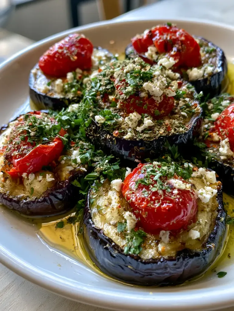 Close-up of seared eggplant rounds with blistered tomato halves and white feta crumbles. (Mediterranean Roasted Eggplant)