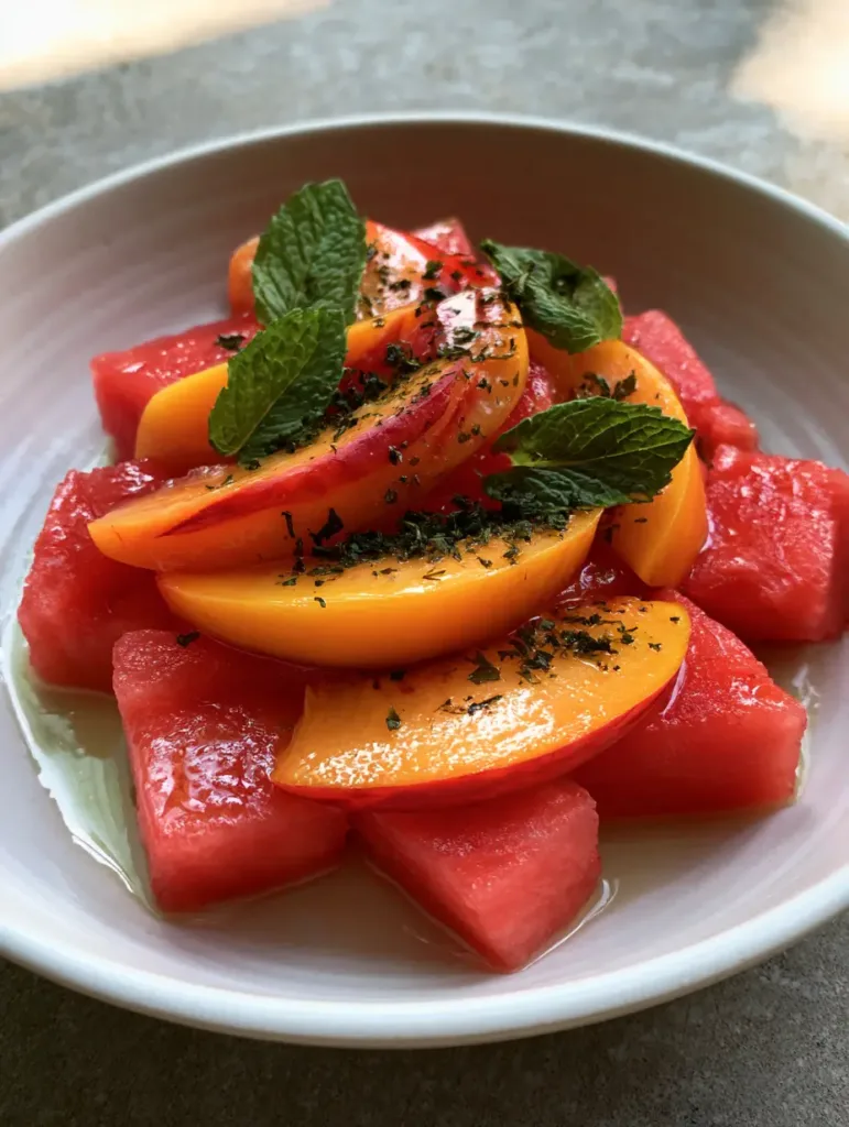 Close-up of glistening lime glaze pooling at the bottom of a fruit salad bowl with whole mint leaves. (Peach Watermelon Salad)