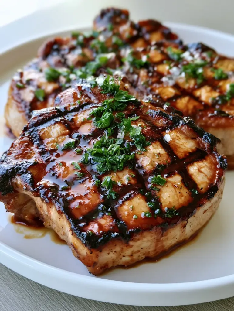 Grilled pork chops garnished with fresh parsley and sea salt flakes on a white plate.