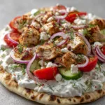 A single Greek Chicken Flatbread on a neutral surface showing the thick charred pita and seared chicken chunks.