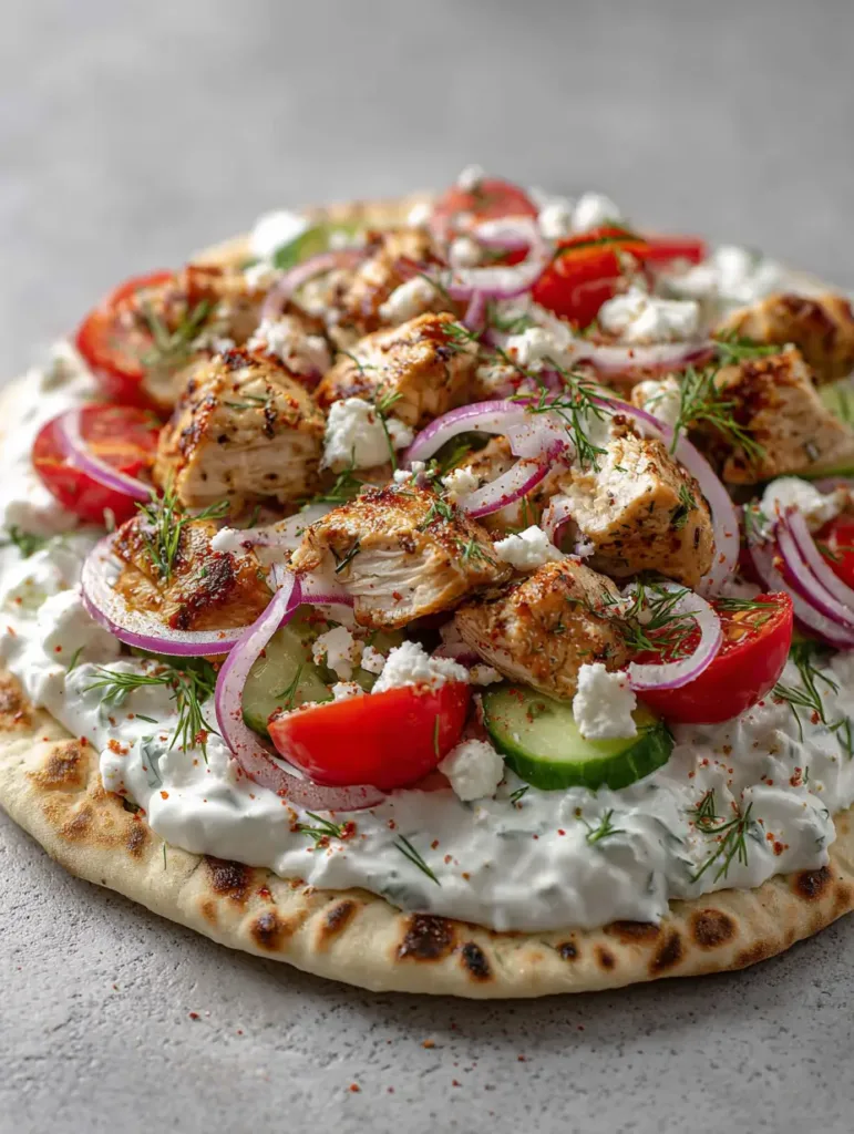 A single Greek Chicken Flatbread on a neutral surface showing the thick charred pita and seared chicken chunks.