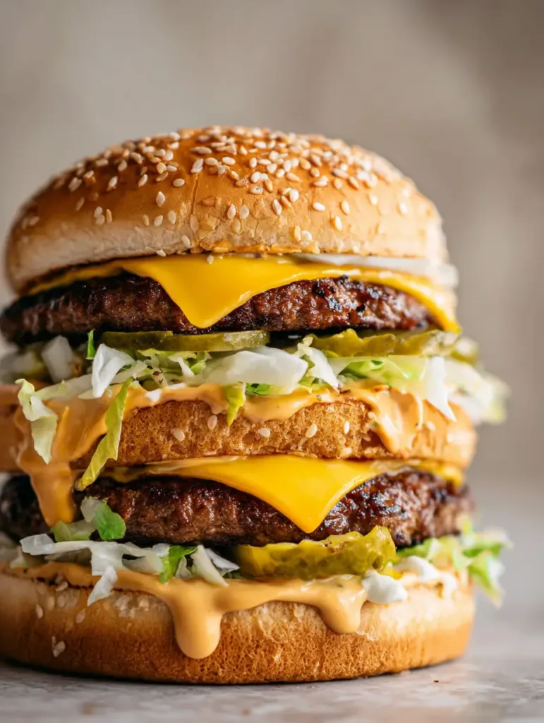 Close up of seared beef patties and melted yellow cheese in a Homemade Big Mac Recipe.