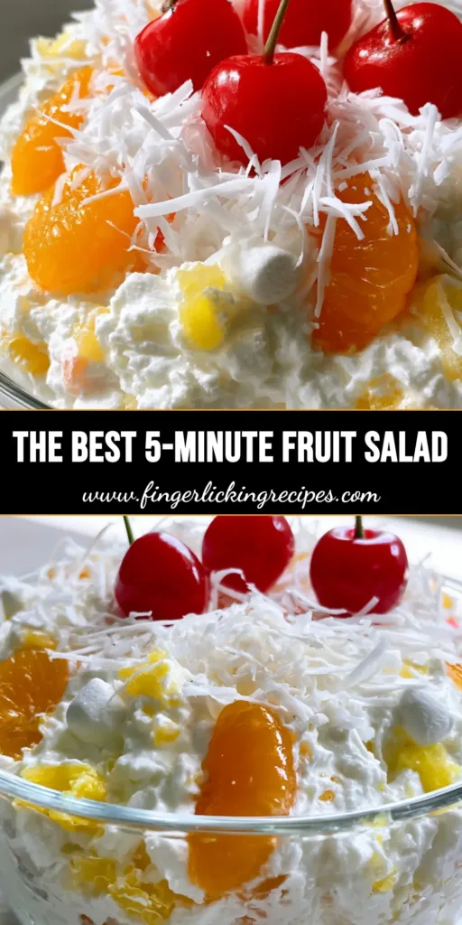 A clear glass bowl filled with creamy Better Than Sex Fruit Salad, topped with shredded coconut and three maraschino cherries with stems.