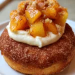 Close-up of a deep golden-brown Peach Cobbler Cheesecake Donut with glossy peaches and cinnamon sugar.
