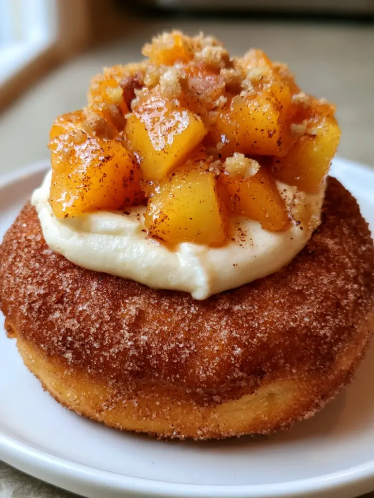 Close-up of a deep golden-brown Peach Cobbler Cheesecake Donut with glossy peaches and cinnamon sugar.