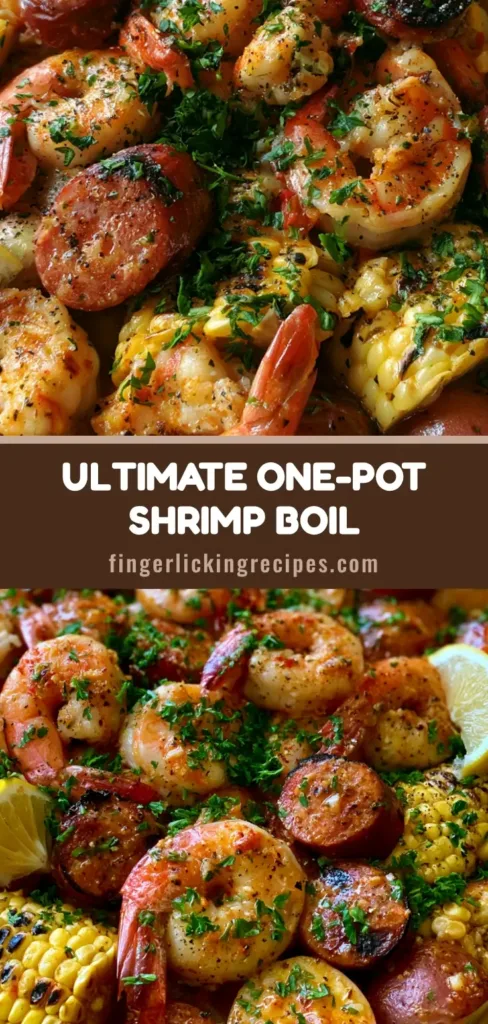 A close-up vertical view of a classic Easy Shrimp Boil Recipe on a platter with glossy orange butter sauce, jumbo shrimp, and charred sausage.